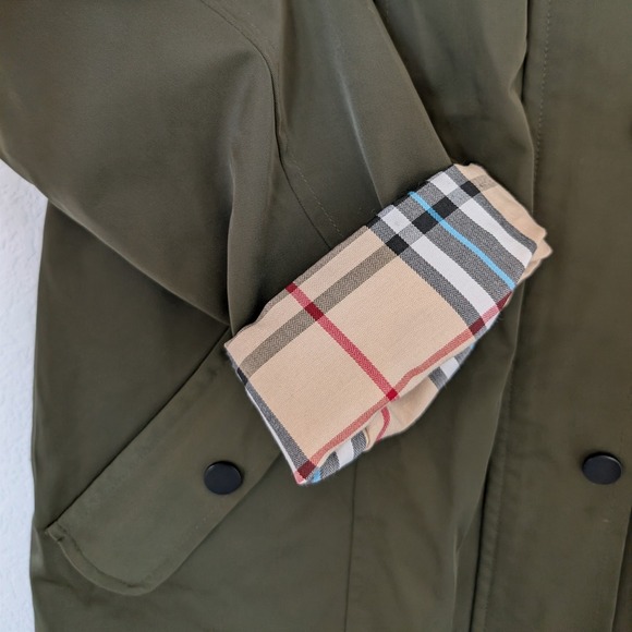 Saphirose Long Anorak Jacket Plaid Lined Olive Green Size S - Picture 4 of 9